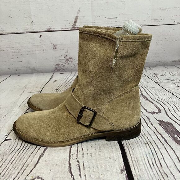 Vera Gomma Boots Womens 37 6.5 Tan Mid Calf‎ Moto Biker Camel Pull On Suede - Picture 3 of 7